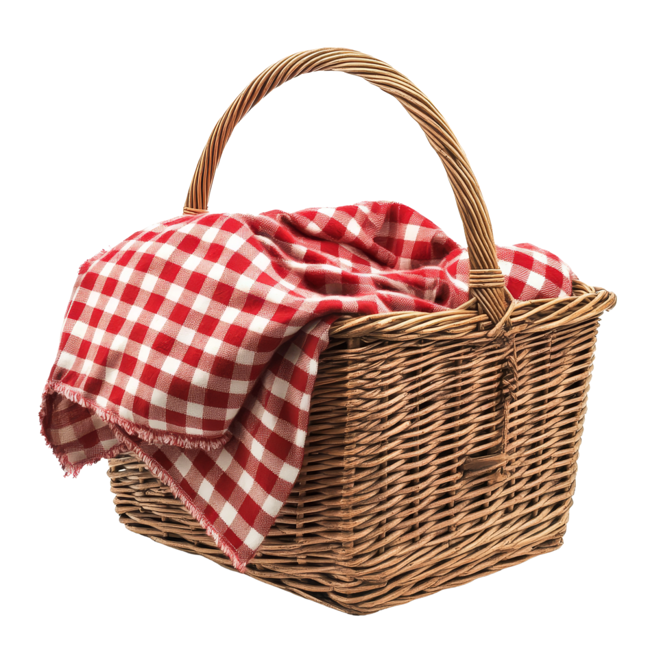 A picnic basket with a red checkered blanket ready for an outdoor gathering in a sunny park, Picnic Basket with Red Checkered Blanket Isolated on transparent background png