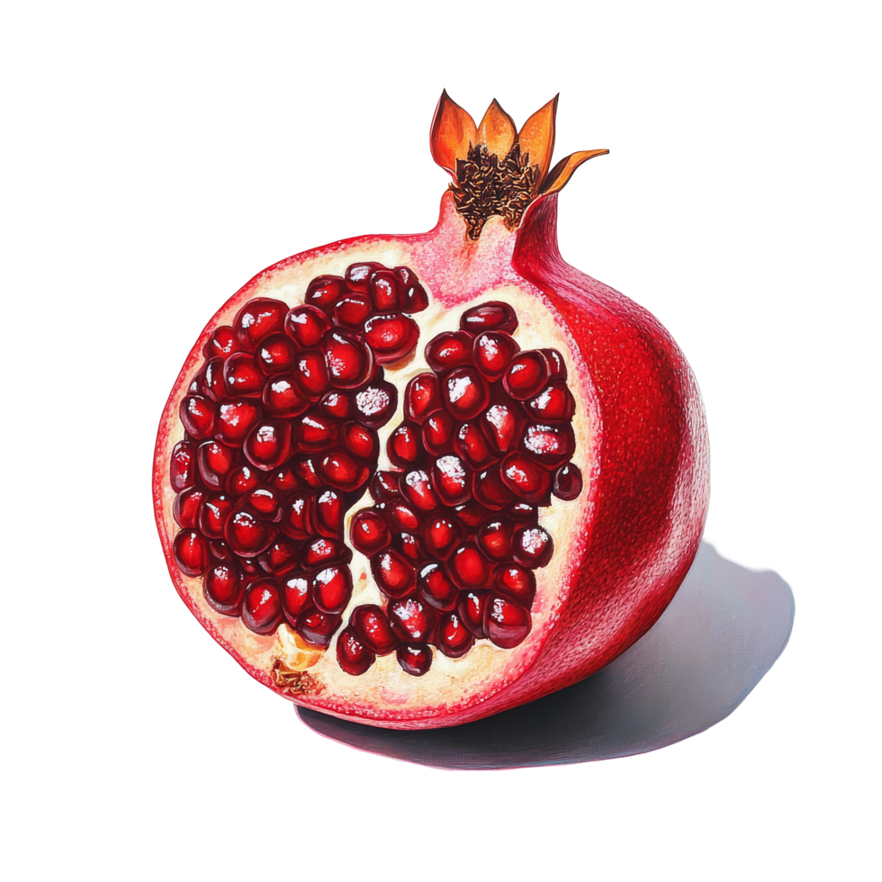 A vibrant and luscious pomegranate cut in half showcasing its juicy seeds on a bright transparent background, Vibrant and Luscious Pomegranate on transparent background png