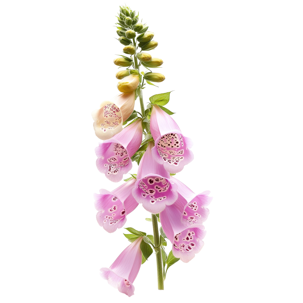 Delicate foxglove flowers in soft pink hues against a bright transparent background highlighting their intricate design, foxglove flower on transparent background png