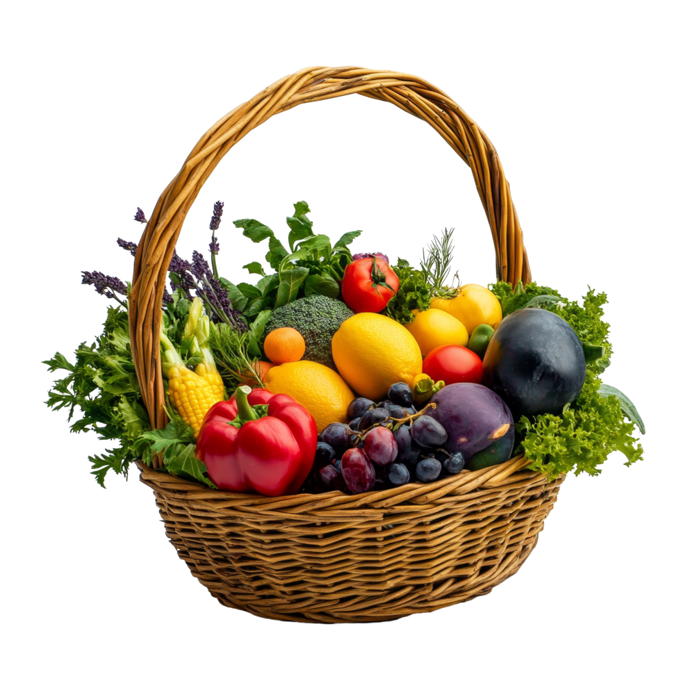 An assortment of organic vegetables and fruits gathered in a basket showcasing fresh produce, Assorted organic vegetables and fruits in wicker basket png