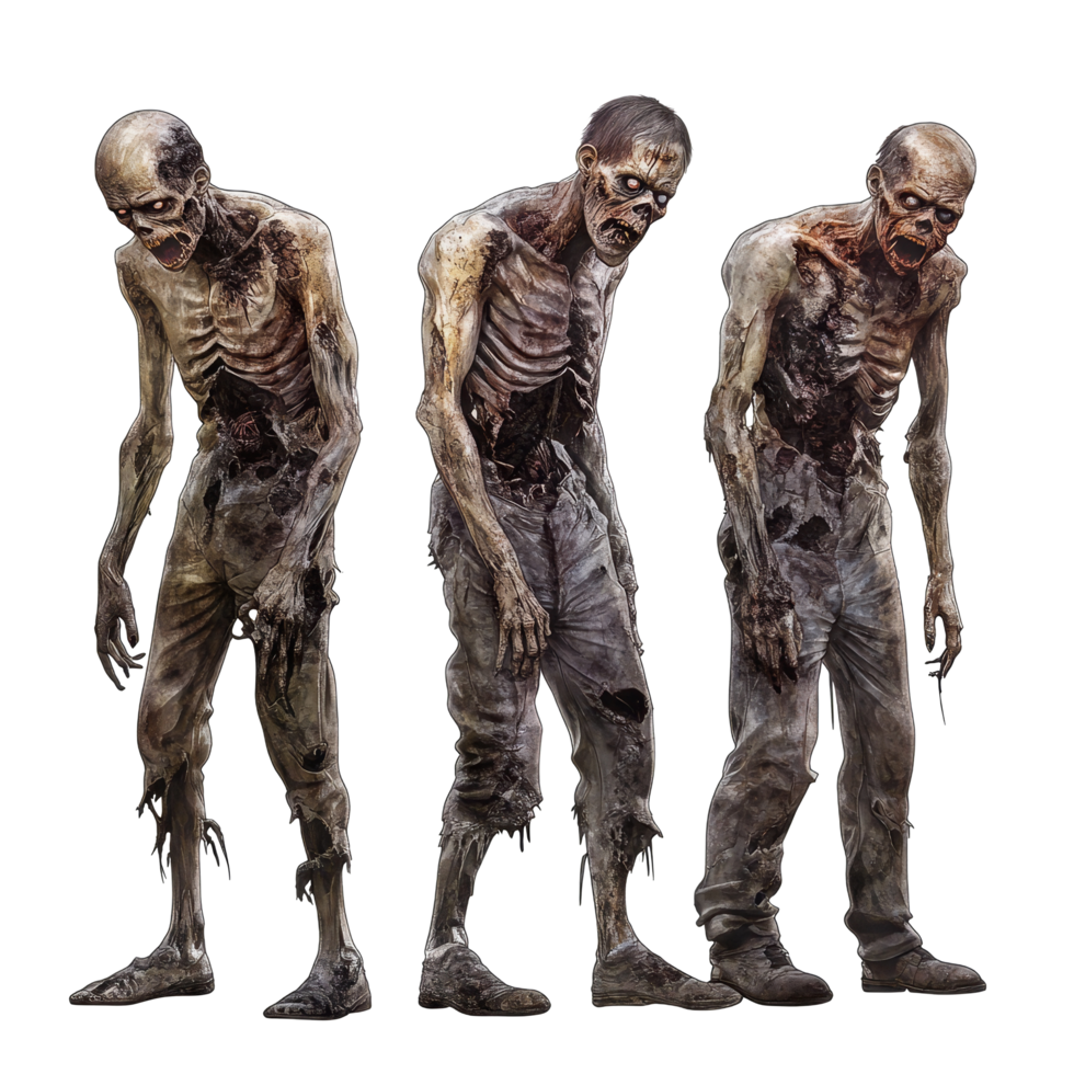 Spooky isolated zombies with distinct features in a hauntingly lifelike portrayal on a stark transparent background, Isolated Zombies Spooky Characters on transparent background Horror concept png