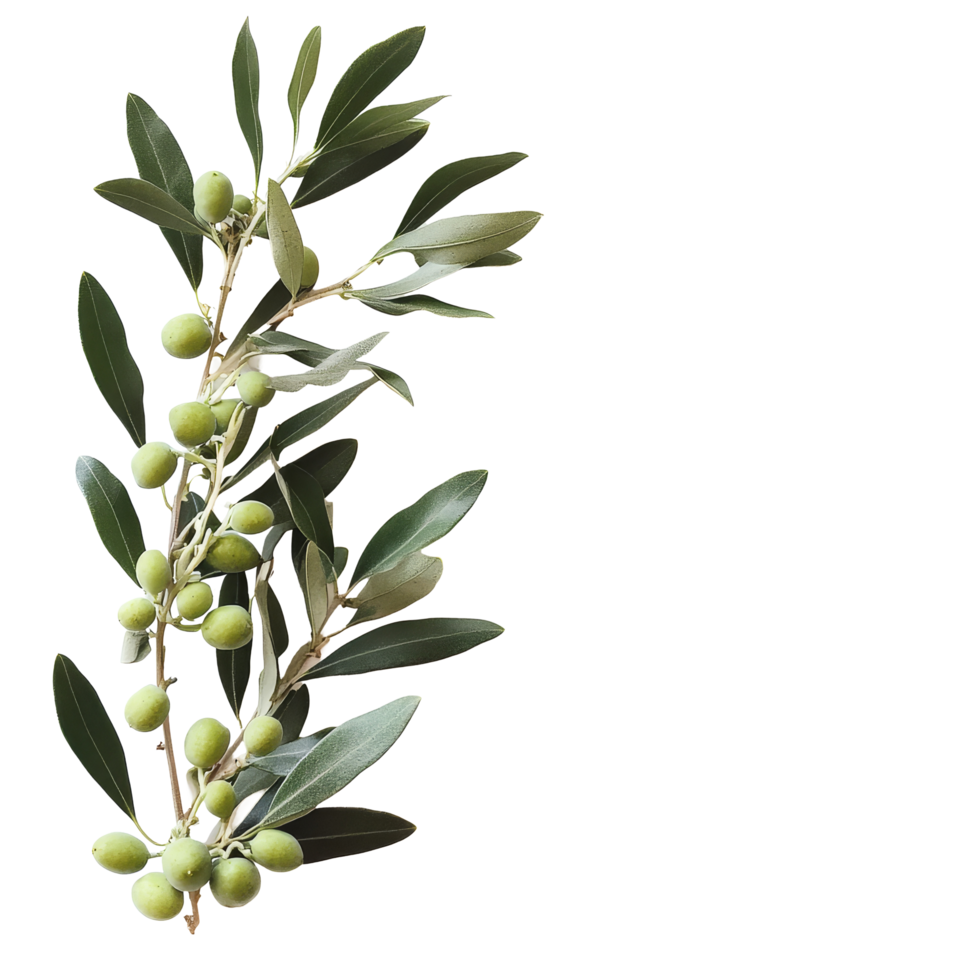 Wild olive branch featuring unripe fruits against a clean transparent background for natural aesthetic appeal, Wild olive on transparent background png