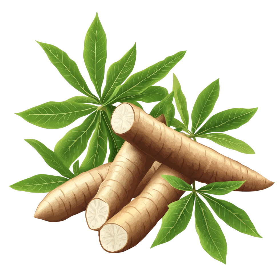 Fresh organic cassava roots and vibrant green leaves illustration on a bright background, Fresh organic cassava with leaves illustration transparent background png