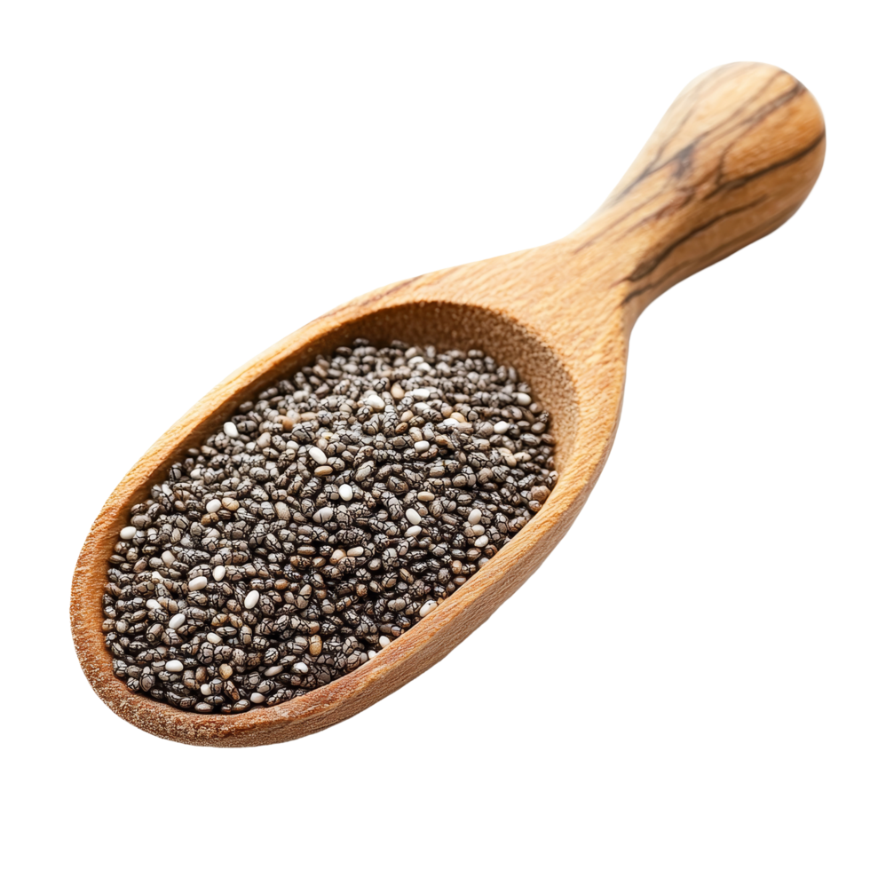 Chia seeds in a wooden spoon on a transparent background showcasing their texture and color, Chia seeds in wood spoon isolated on transparent background png