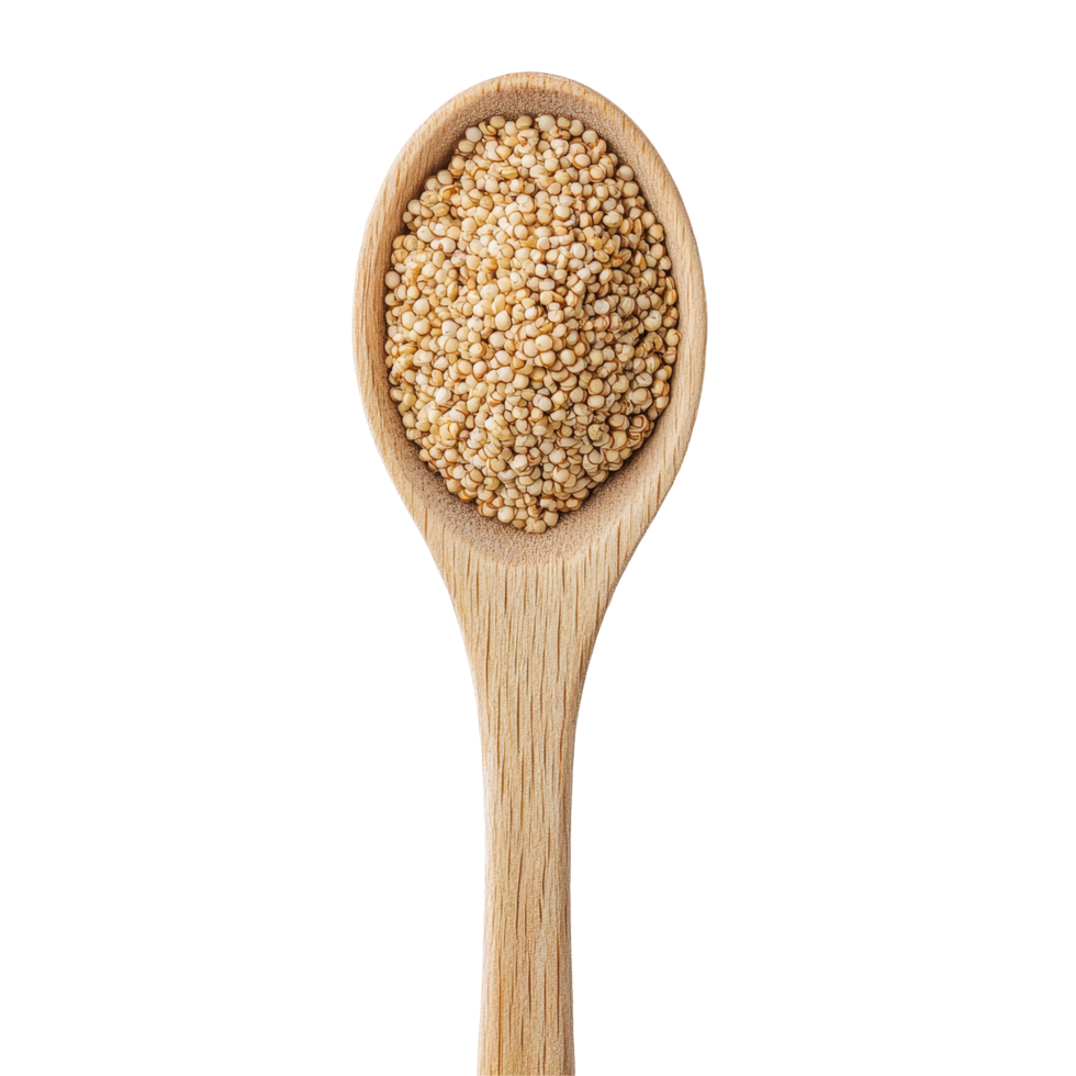 Quinoa grains in a wooden spoon on a clean transparent background showcasing healthy nutrition options, Quinoa in a spoon on transparent background png