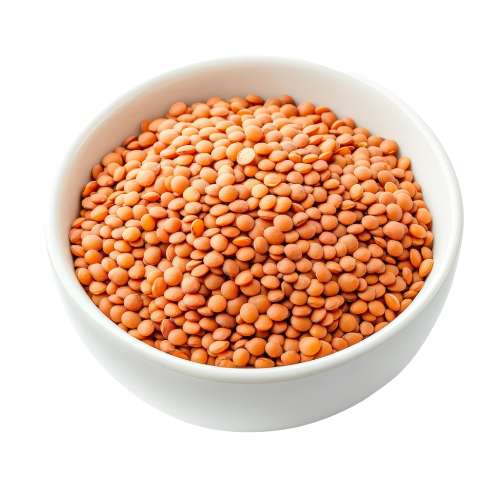 Raw lentils in a transparent bowl on a clean surface ready for cooking or preparation in a healthy meal, Uncooked lentils in transparent bowl isolated on transparent background png