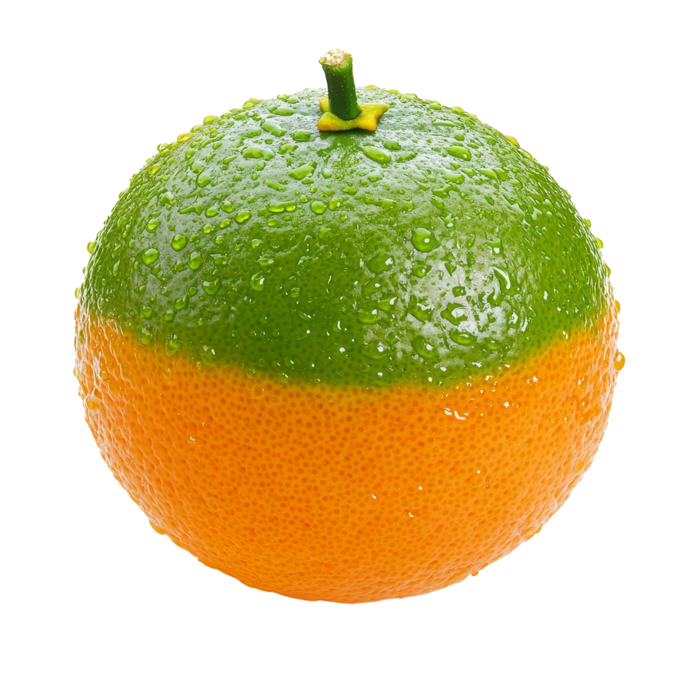 Fresh green and orange citrus fruit with droplets isolated on transparent background, green orange isolated on transparent background png