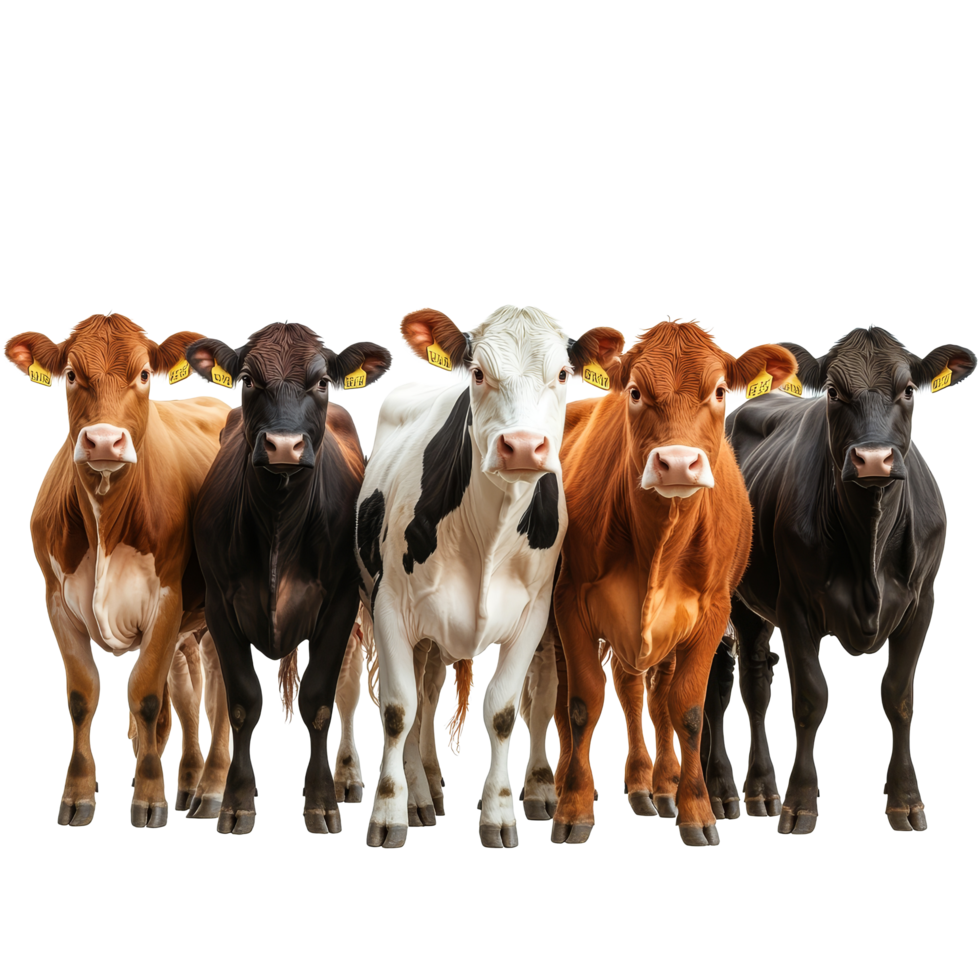 A diverse group of cows standing together on a transparent background showcasing their unique colors and patterns, group of cows of different color isolated on transparent background, png