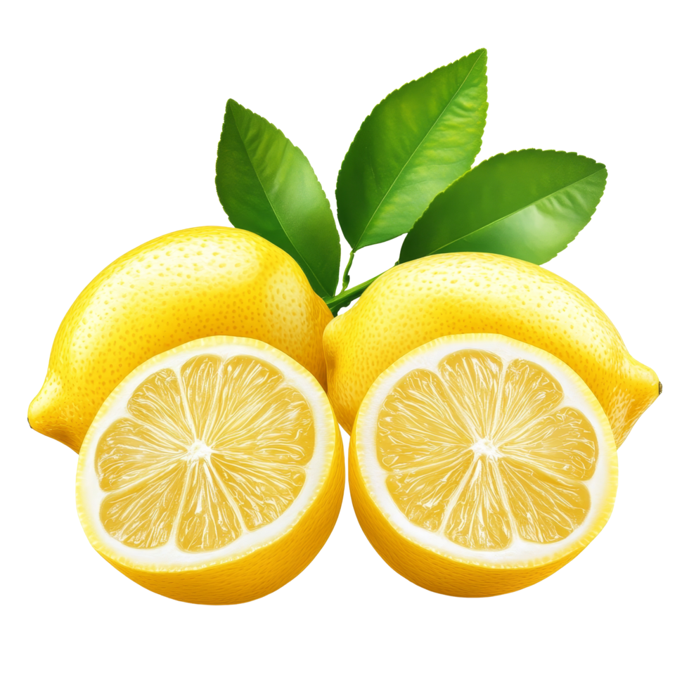 Fresh lemon with lush green leaves isolated on a transparent background perfect for culinary and healthrelated uses, Lemon with leaves isolated on transparent background png