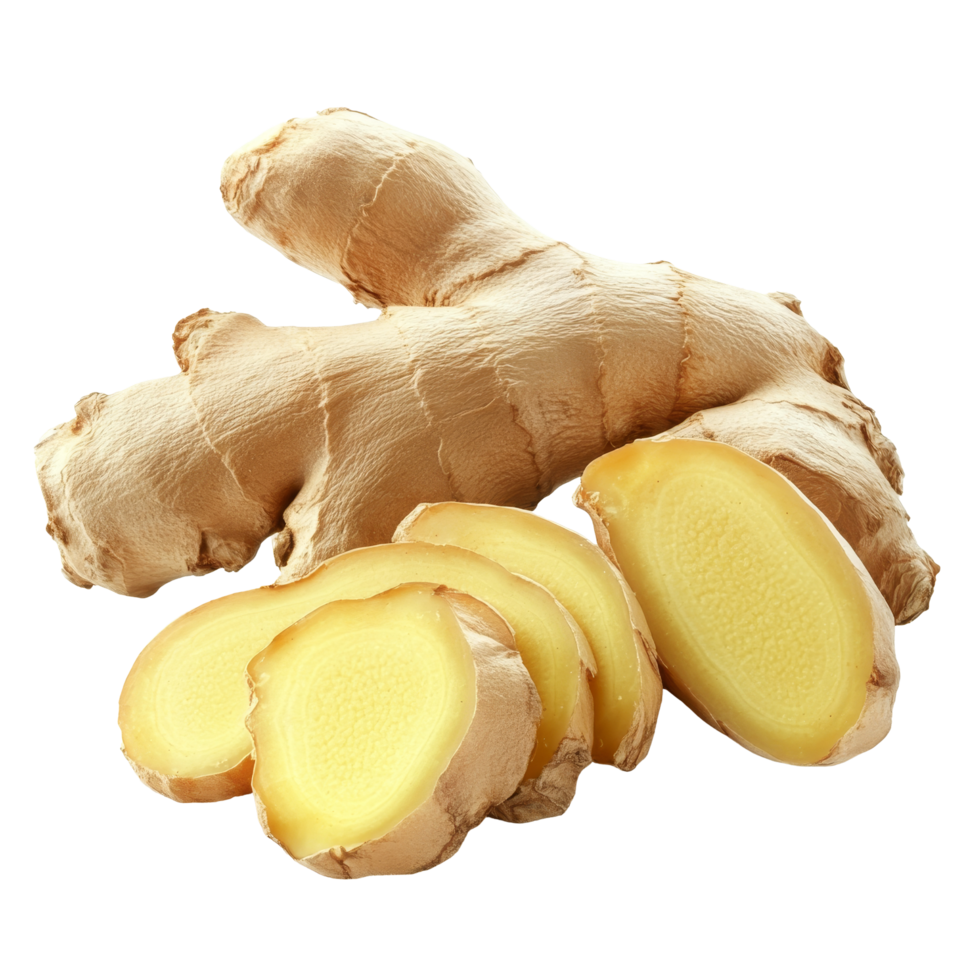 Fresh ginger root with sliced segments on a clean transparent background for culinary use and health benefits, fresh Ginger root and slice isolated on transparent background png