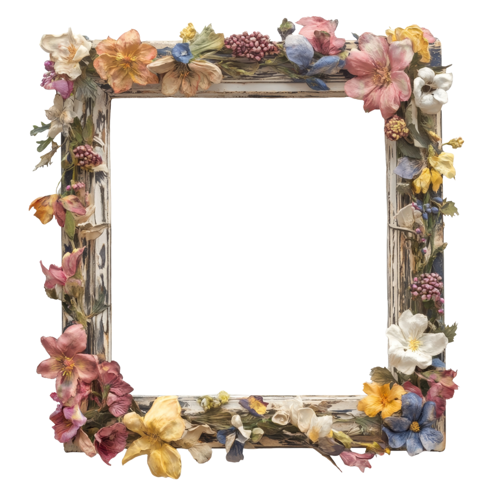 Beautifully crafted flowercovered frame isolated on a transparent background, perfect for showcasing memories or art, Painting frame covered with flowers isolated on transparent background png