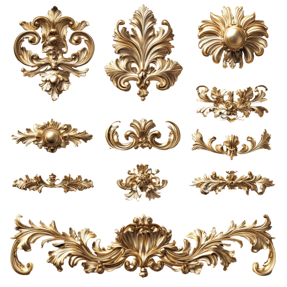 Elegant golden baroque ornament elements arranged gracefully on a transparent background for artistic design inspiration, Golden baroque ornament elements on transparent background png