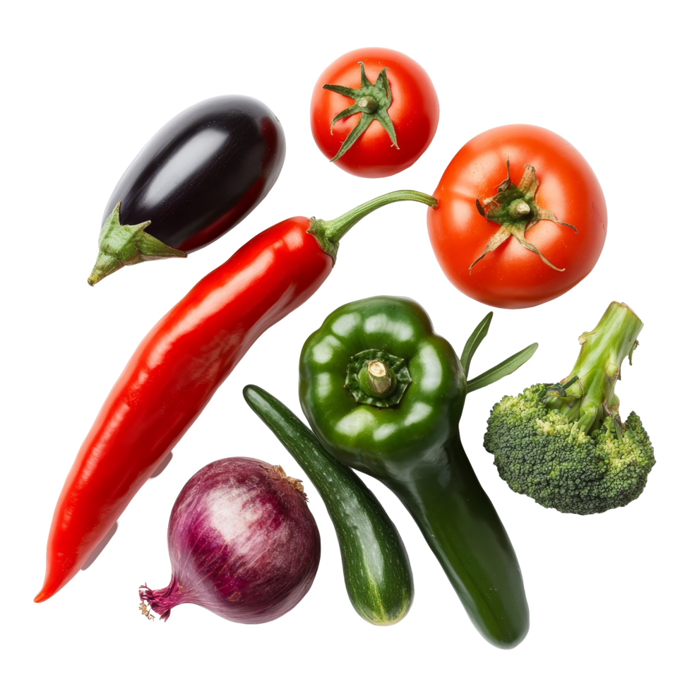 Colorful mix of fresh vegetables including tomatoes, peppers, and broccoli on a clean transparent background, Mixed vegetables isolated on transparent background png