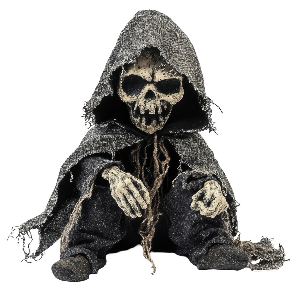 Creepy Halloween goblin figure with skeletal features on a plain transparent background, Nightmarish halloween gobelin figure on transparent background png