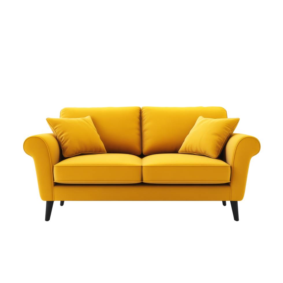 Bright yellow sofa with plush cushions set against a clean transparent background for stylish home decor, sofa isolated on transparent background png