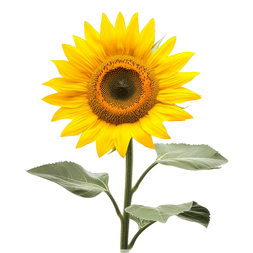 Bright sunflower with vibrant petals and green leaves isolated on a clean transparent background, sunflower isolated on transparent background picture png