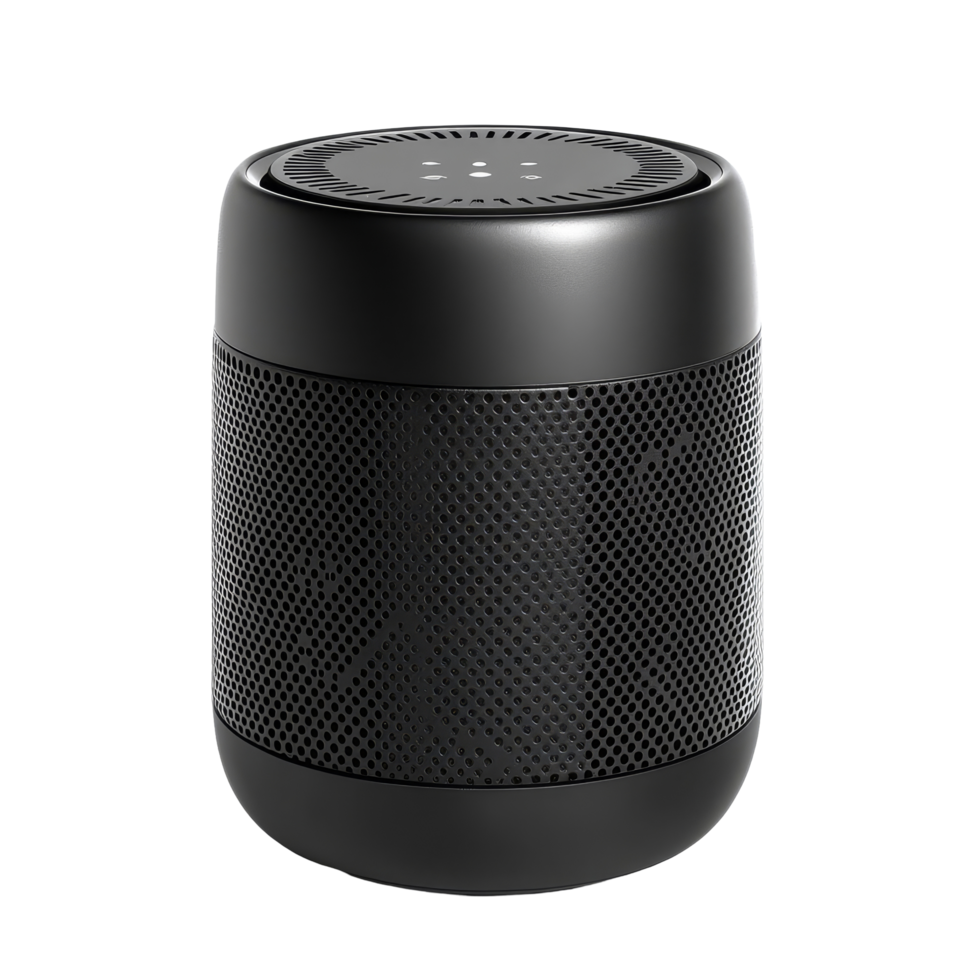 Portable black wireless speaker showcased on a clean, light background for easy visibility, black wireless portable speaker, file of isolated object with shadow on transparent background png