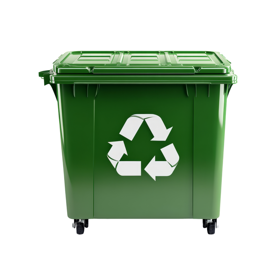 Green garbage container with recycling symbol at a community area promoting ecofriendly waste management, Green Garbage Container with Recycling Symbol, transparent background Generative A png