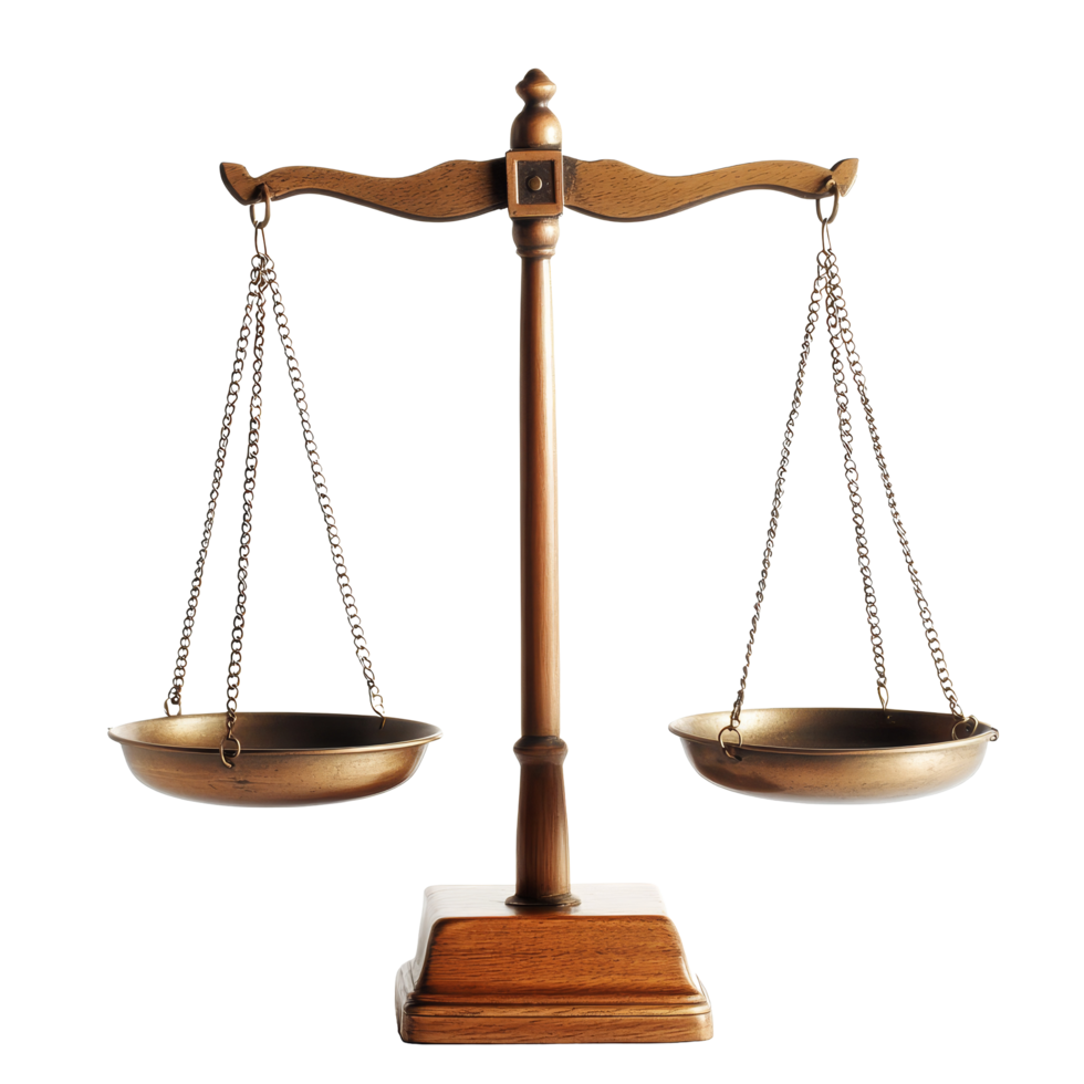 Classic balance scales on a transparent background showcasing an elegant wooden design with transparent accents, Balance Scales on transparent background png