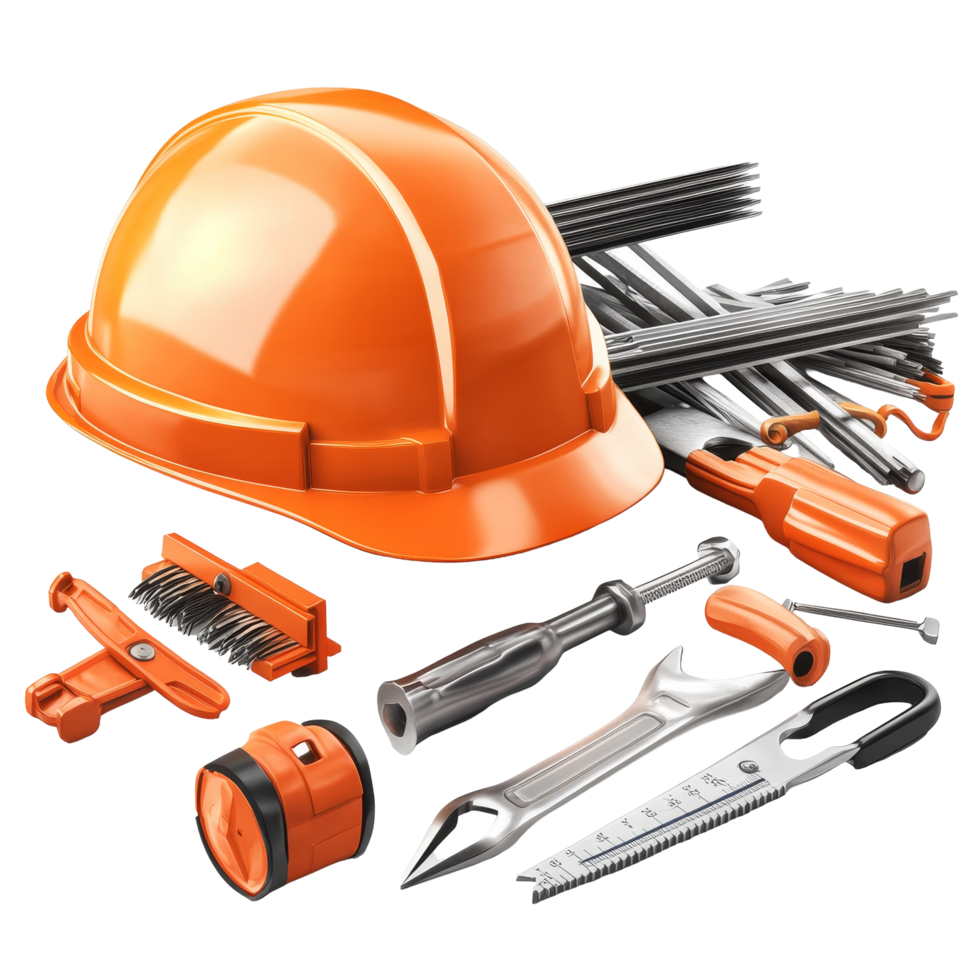 A collection of construction tools and a safety helmet arranged neatly on a surface, ideal for building projects in various settings, Construction tools with safety helmet Stock Illustration png