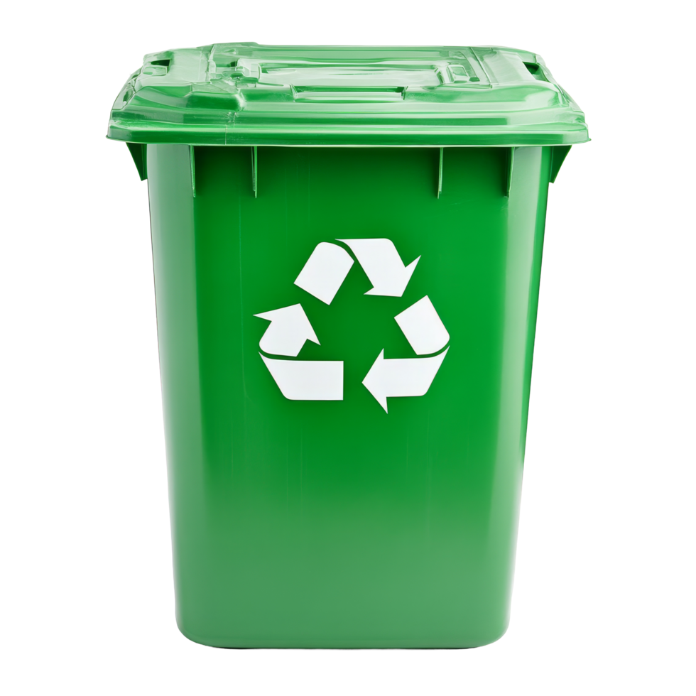 A square green trash can with a transparent recycle symbol, perfect for promoting ecofriendly waste management, square green trash can transparent recycle symbol pattern isolated on transparent png
