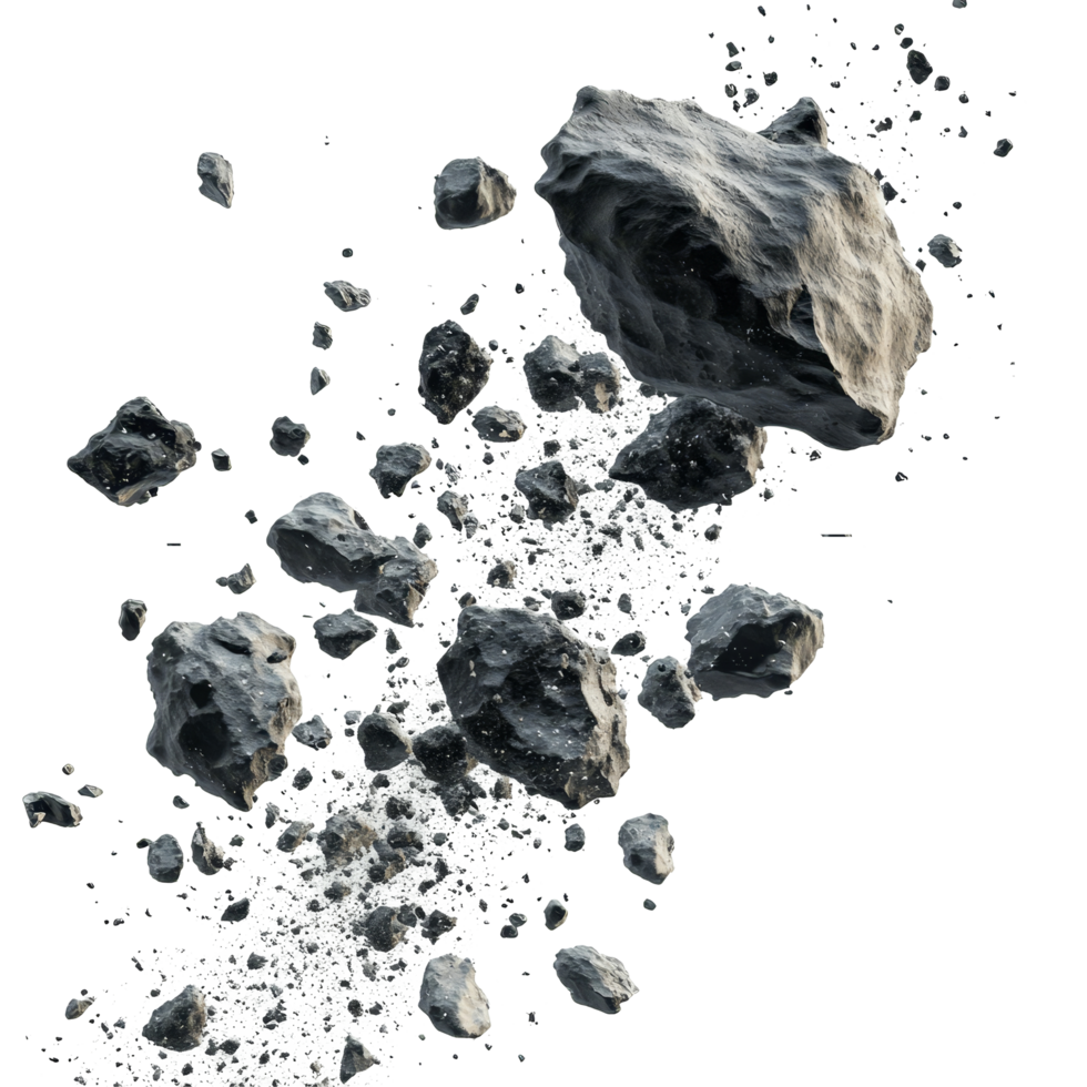 Floating asteroids in space isolation against a transparent backdrop illustrating cosmic debris, Asteroids in air template, isolated transparent background png