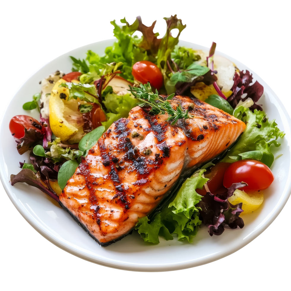 Gourmet salmon fillet steak served with a fresh mixed salad bursting with vibrant colors and flavors, Isolated gourmet salmon fillet steak with salad png