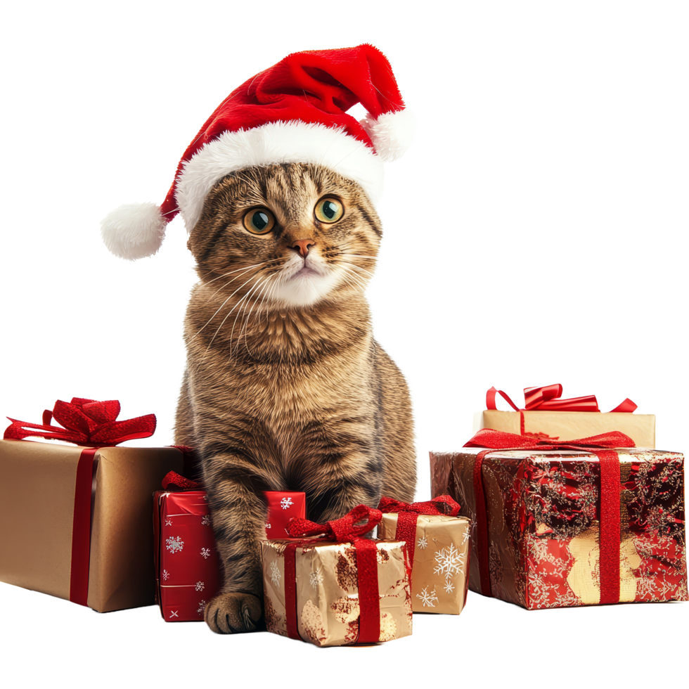 A festive cat wearing a Christmas hat sits among colorful wrapped gifts on a bright transparent background, Cat in Christmas Hat Surrounded by Gifts on transparent background png