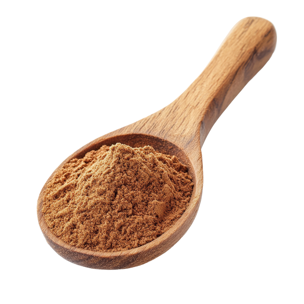Cinnamon powder in a wooden spoon resting on a plain transparent background showcasing its rich texture and warm color, Cinnamon powder in wood spoon on transparent background png