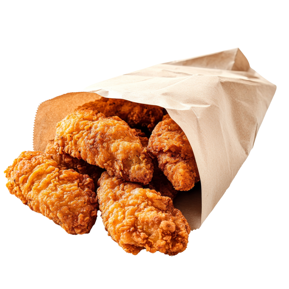 Crispy fried chicken tenders served in a brown paper bag on a clean transparent background, Fried Chicken tenders in paper bag isolated transparent background png