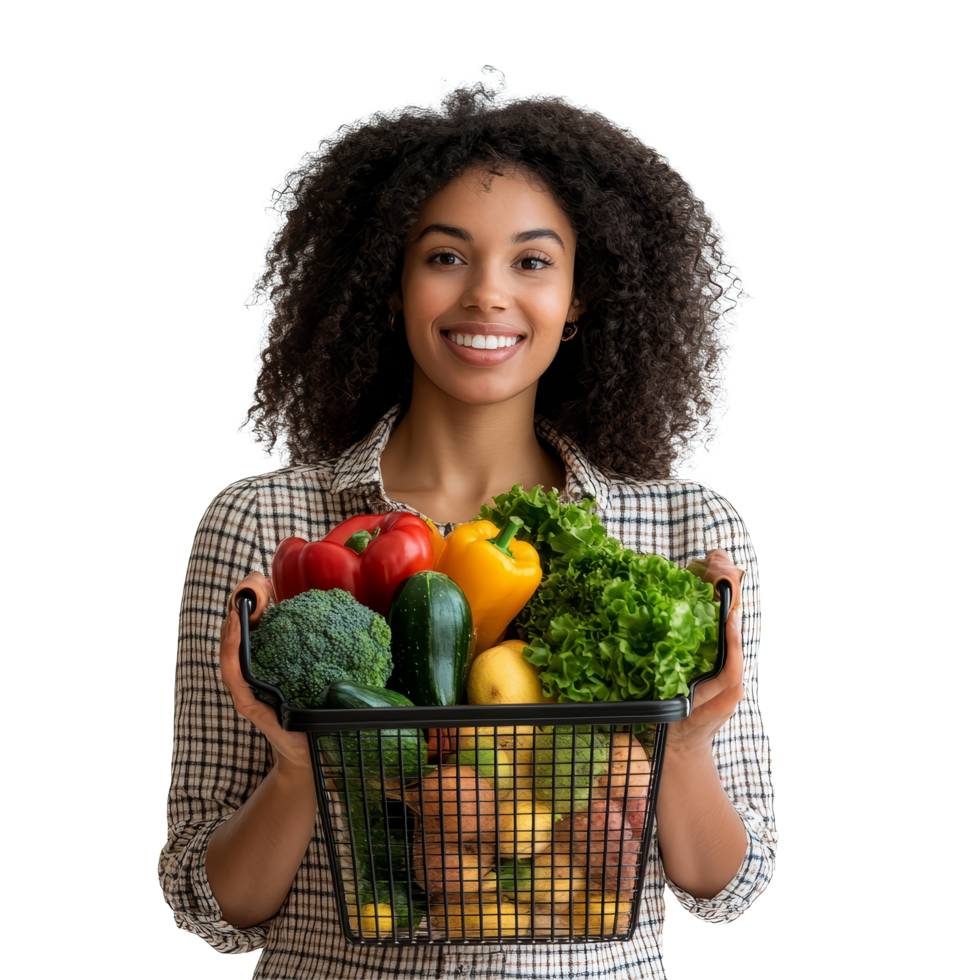 Young woman joyfully holds a basket full of fresh vegetables and fruits in a bright, cheerful setting, file no background Young woman holding a full shopping basket png