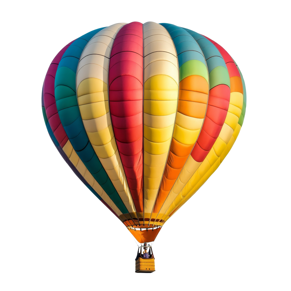 A vibrant hot air balloon ascends into the sky against a transparent background, showcasing colorful panels during a serene flight, Colorful Hot Air Balloon on transparent background png