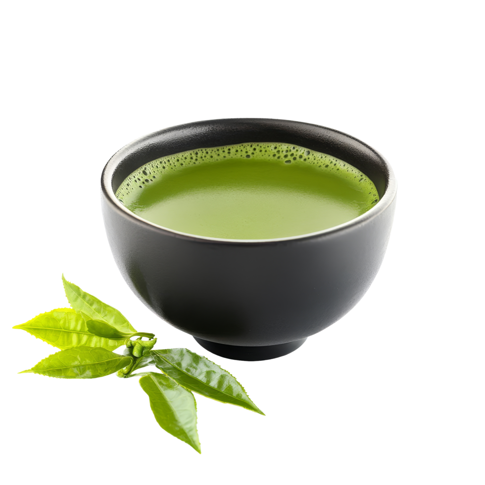 Enjoying a soothing bowl of matcha green tea with fresh leaves on a clean transparent surface, Matcha green tea in black bowl and leaves isolated on transparent background png