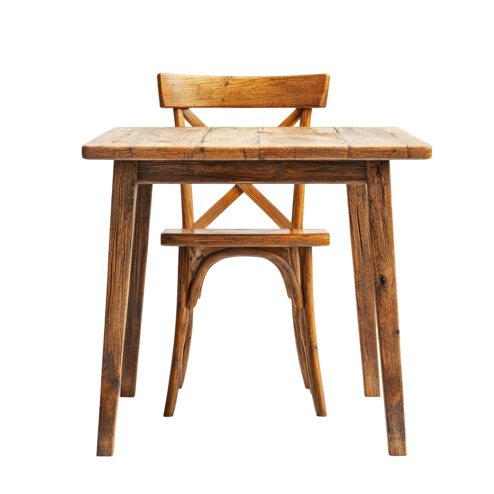 Rustic wooden table and chair set against a plain transparent background showcasing natural craftsmanship and simplicity, Wood table and chair on transparent background. wooden table with chair png