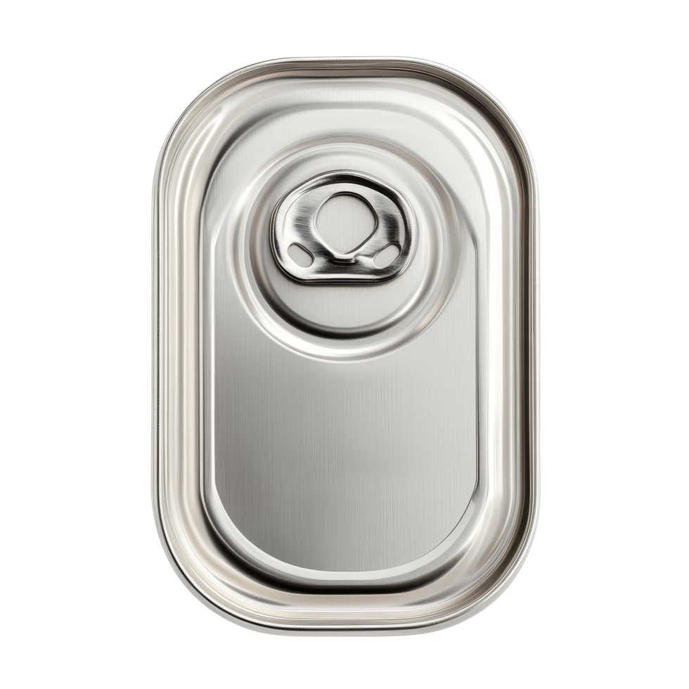 Top view of a sleek metal can with a ring pull tab on a plain surface, showcasing its design and function, Oblong can with ring pull on transparent background.top view isolated on transparent png