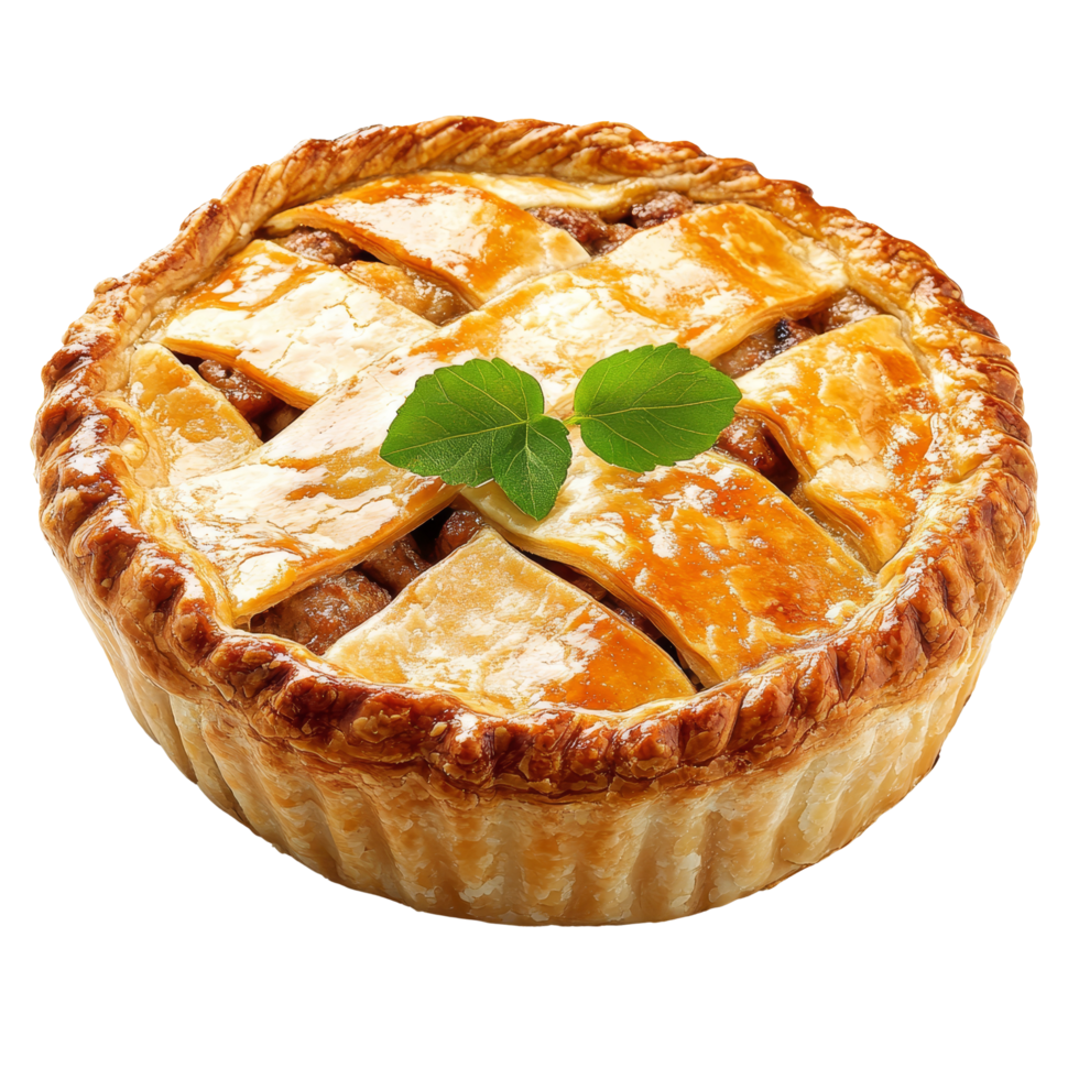 Delicious fresh meat pie resting on a transparent background with a golden crust and green garnish, Fresh tasty meat pie on a transparent background png
