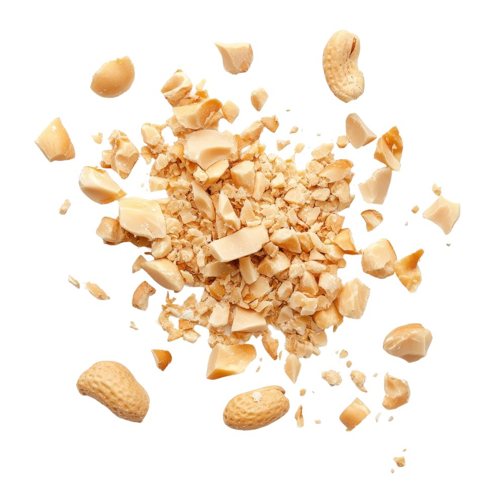 Crushed peanuts scattered on a transparent background showcasing the nuts texture and natural color, Peanut crushed into pieces over transparent background png