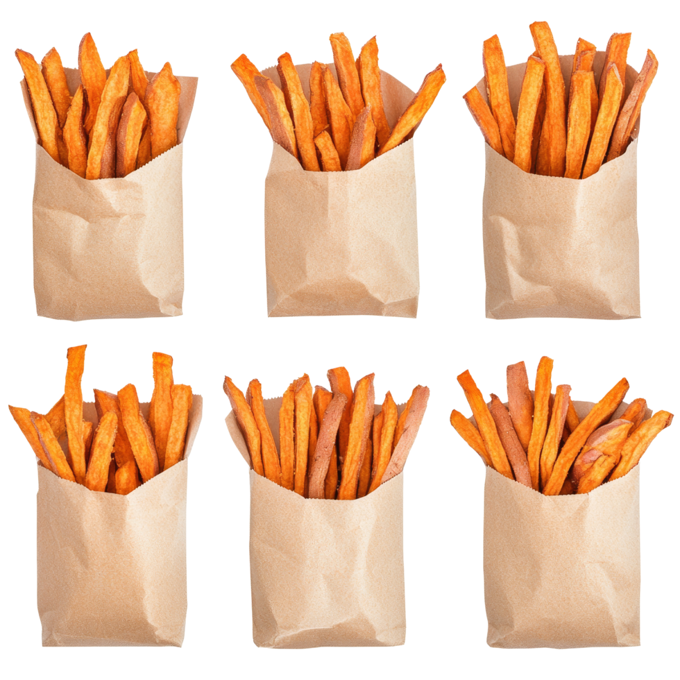 A collection of freshly fried sweet potato fries served in brown paper bags on a transparent background, sweet potato fries in paper bag, isolated transparent background png