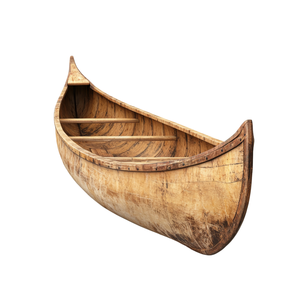 An isolated wooden canoe against a transparent background highlighting its craftsmanship and design features, Canoe isolated on transparent background png
