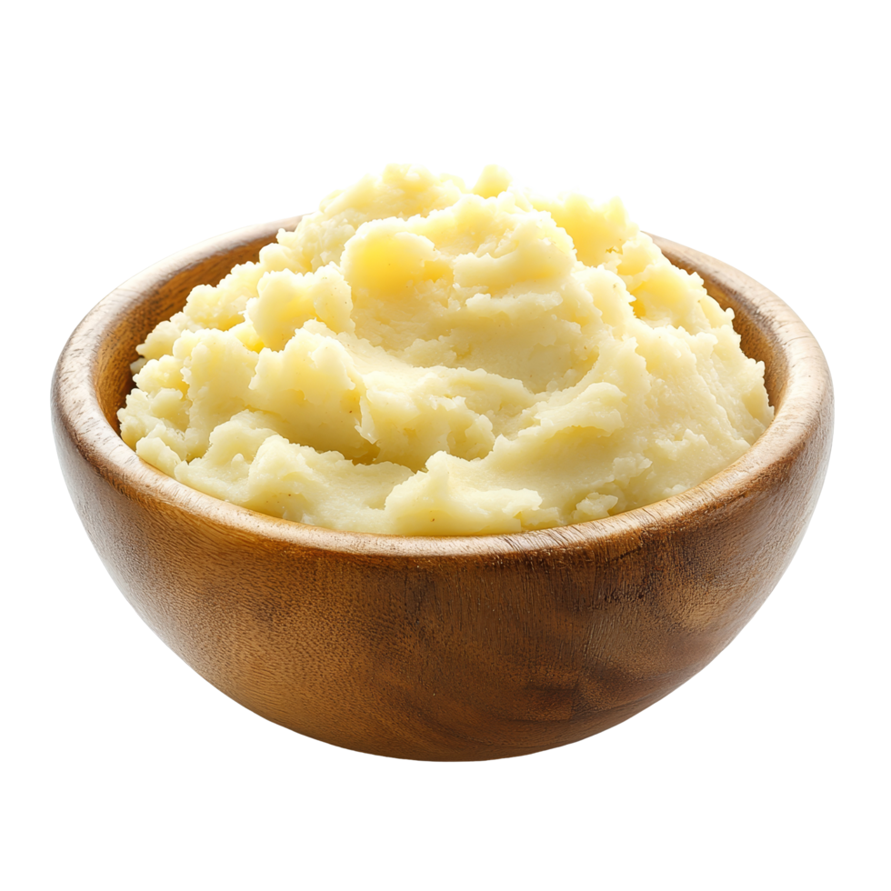 Delicious mashed potatoes served in a rustic wooden bowl against a bright transparent background, Mashed potatoes in a wooden bowl on a transparent background png