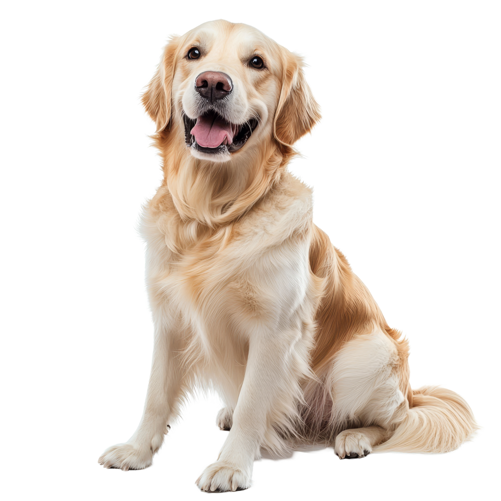 A cheerful golden retriever sitting gracefully against a clean transparent backdrop, exuding warmth and friendliness, Graceful Golden Retriever on transparent background Full Body Shot png