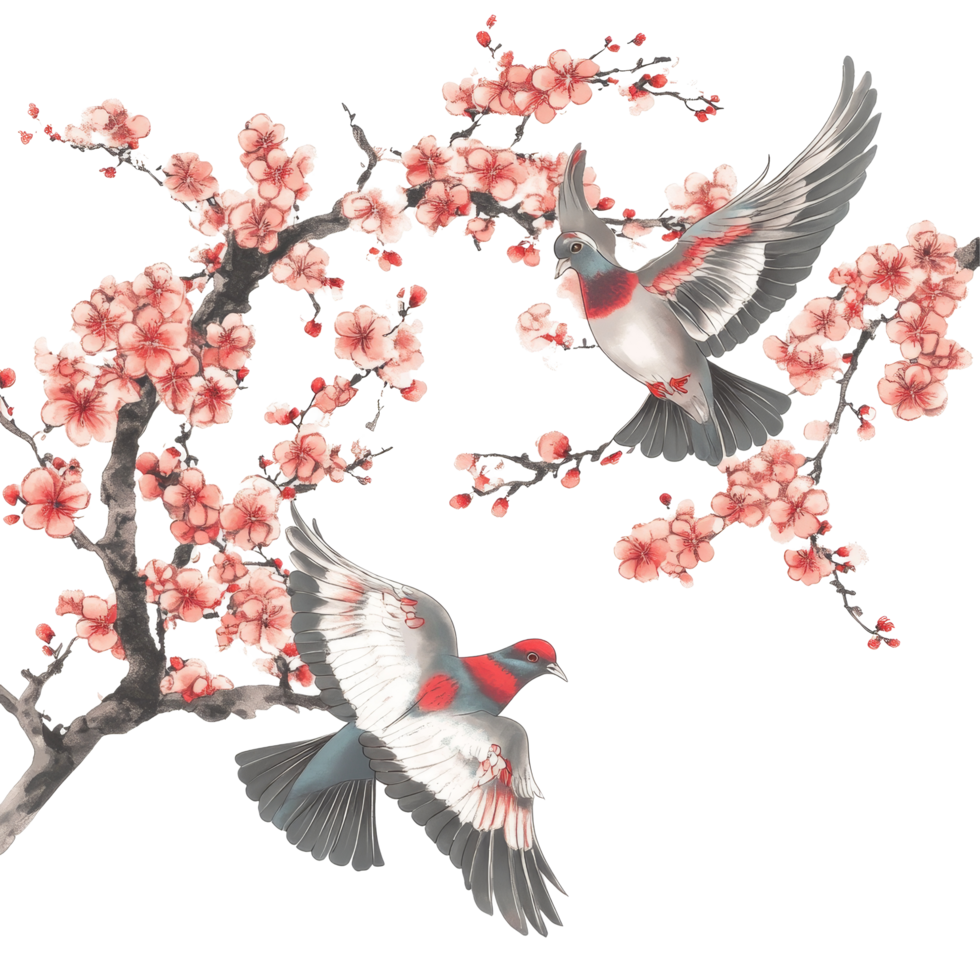 Vibrant Asian pigeonwings in flight amidst delicate cherry blossoms on a transparent background, Asian pigeonwings flowe on wtransparent background png