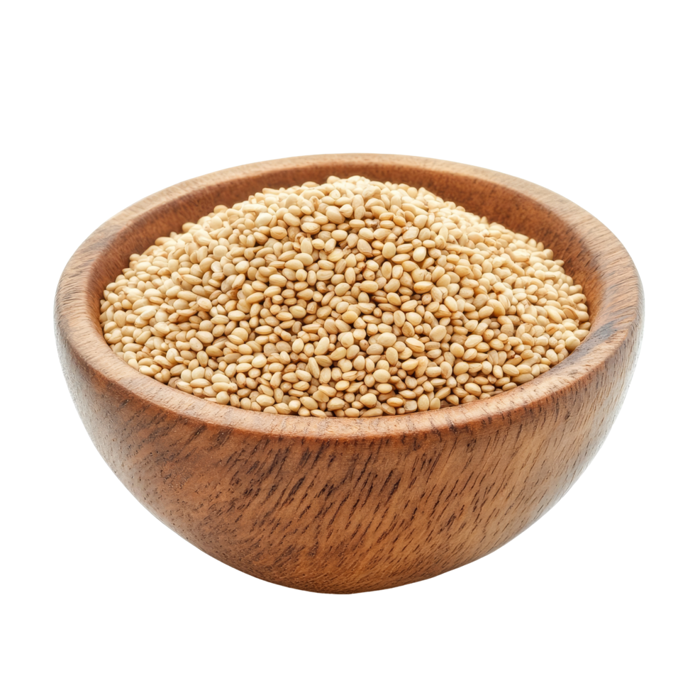 Sesame seeds in a wooden bowl on a clean transparent background showcasing natural nutrition and culinary uses, sesame in wood bowl isolated on transparent background png