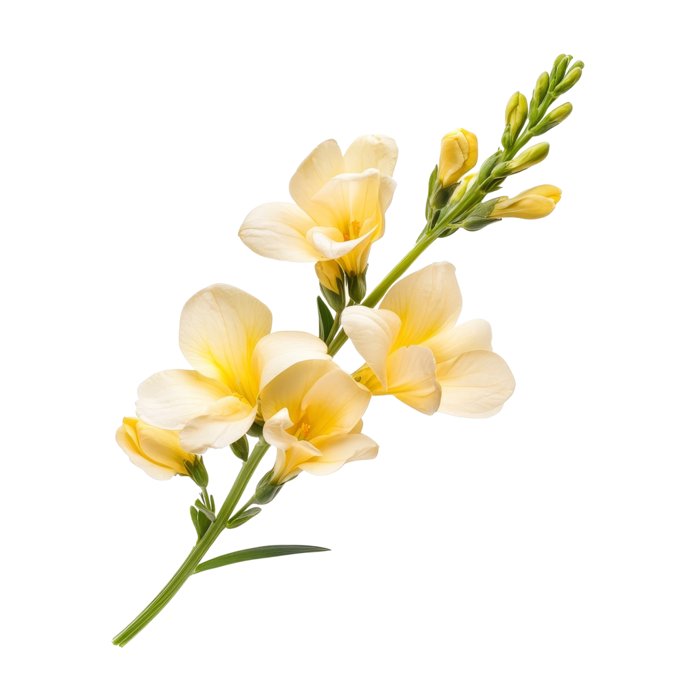 Beautiful freesia flower branch isolated on a clean transparent background showcasing its delicate blossoms and vibrant colors, freesia flower isolated on transparent background png