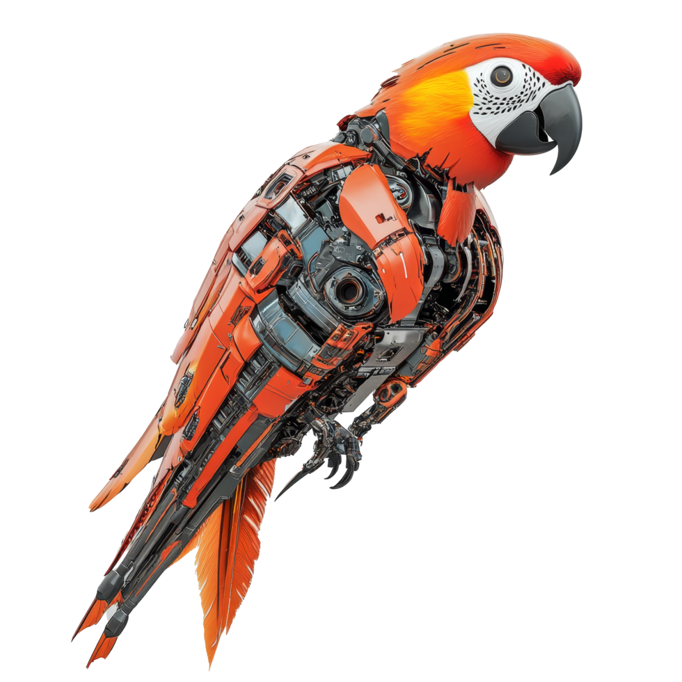 Intricate robotic parrot design showcasing advanced technology against a transparent background, Robotic Parrot on Transparent Background, Advanced Biorobotics Design png