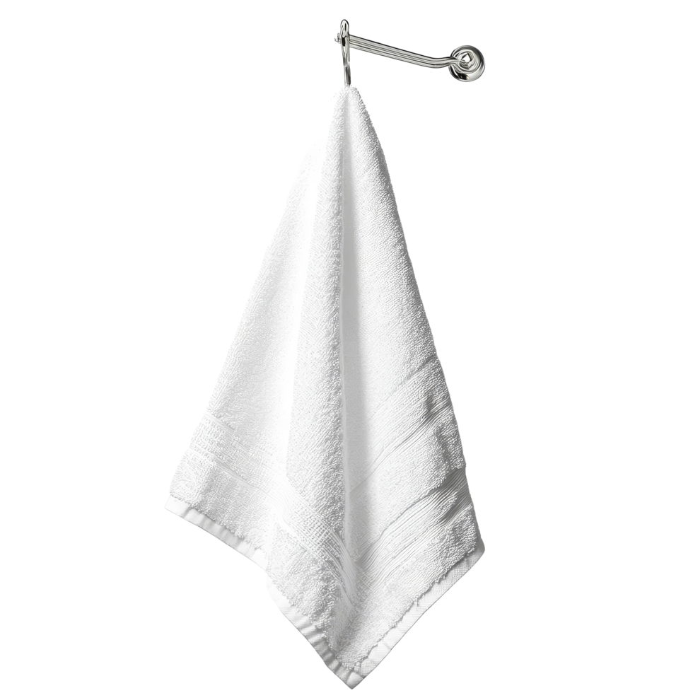 transparent hand towel hanging on a chrome holder against a clean, bright background for a fresh look in any space, Hand towel on the hanger isolated on transparent background png