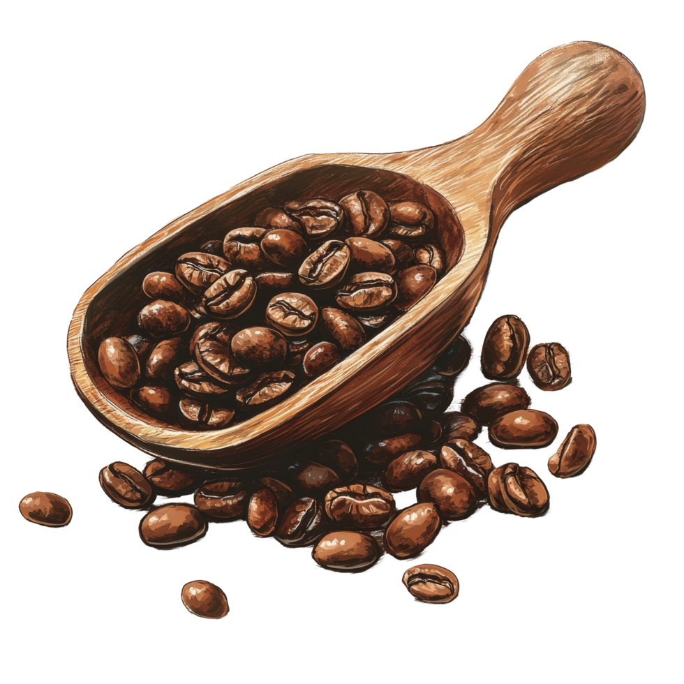 Freshly roasted coffee beans in a wooden scoop on a rustic surface, perfect for coffee lovers and brewers seeking quality ingredients, Coffee beans on wooden scoop Stock Illustration png