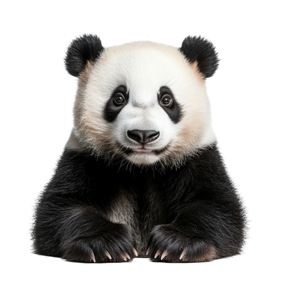 A cute panda sitting calmly against a clean transparent background, showcasing its distinctive black and transparent fur, Panda isolated transparent background png