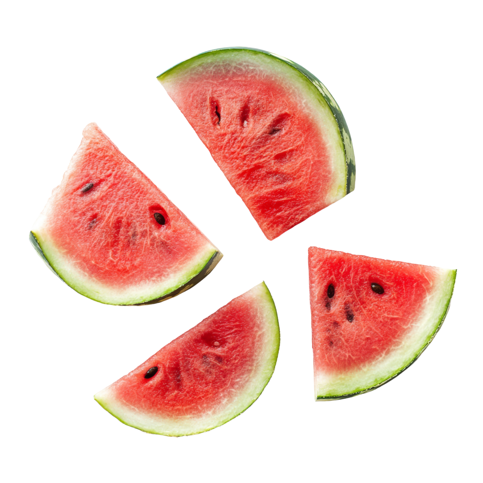 Closeup of refreshing watermelon slices on a smooth transparent background during a summer day, closeup of some pieces of refreshing watermelon on transparent background png