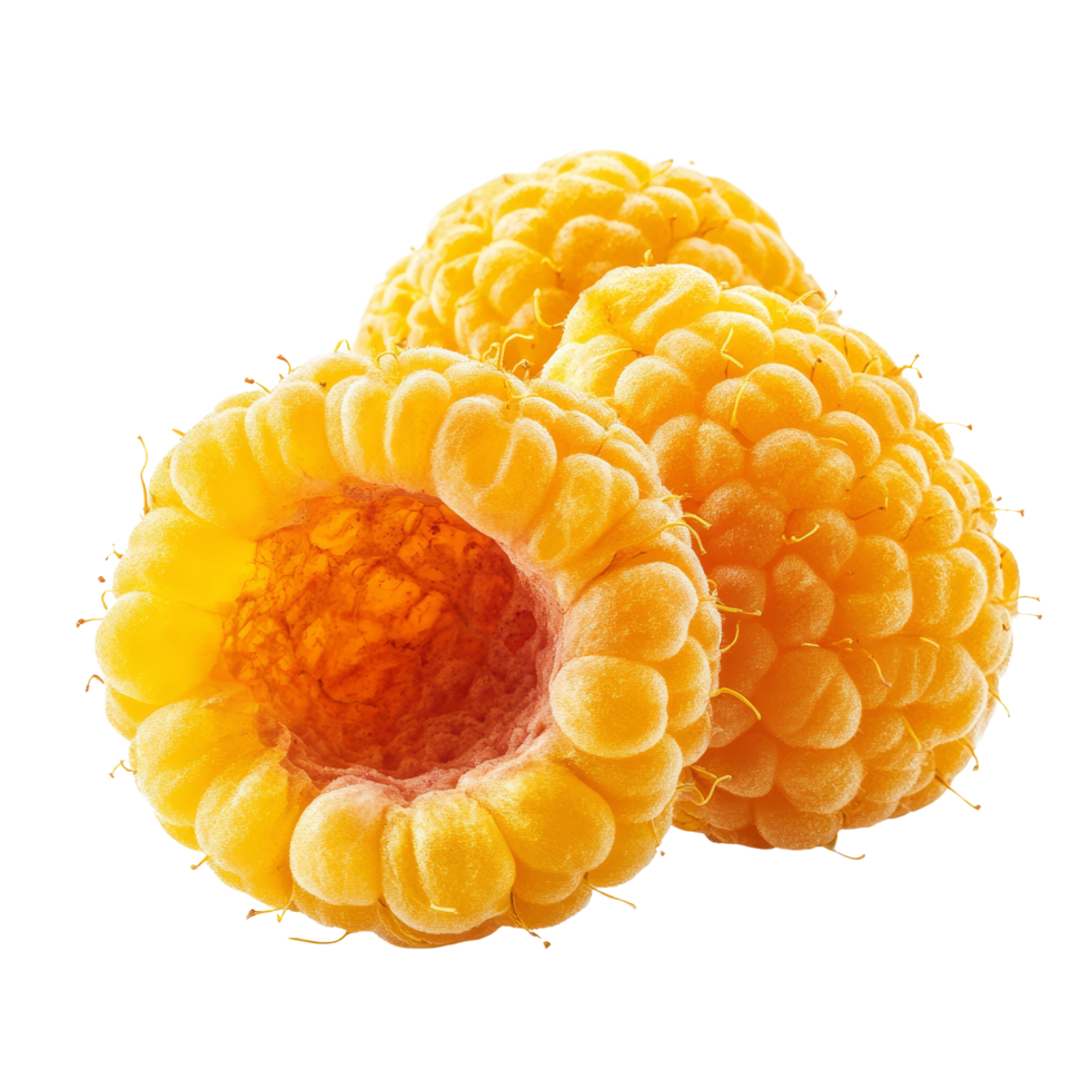 Half yellow raspberries on a transparent surface showcasing their juicy texture and vibrant color, half yellow raspberries isolated on transparent background png